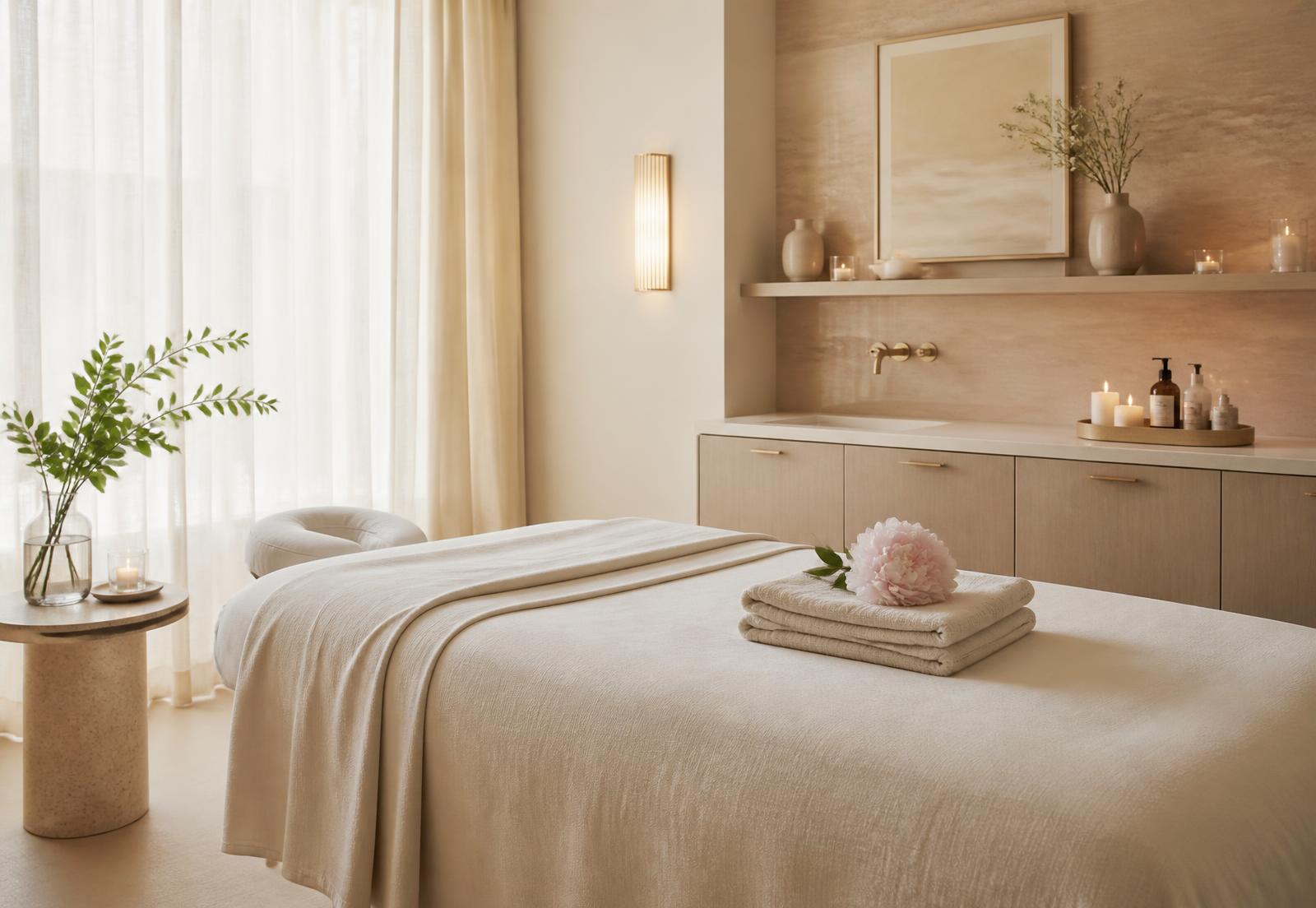 Serene treatment space prepared with ivory linens and a soft pink peony